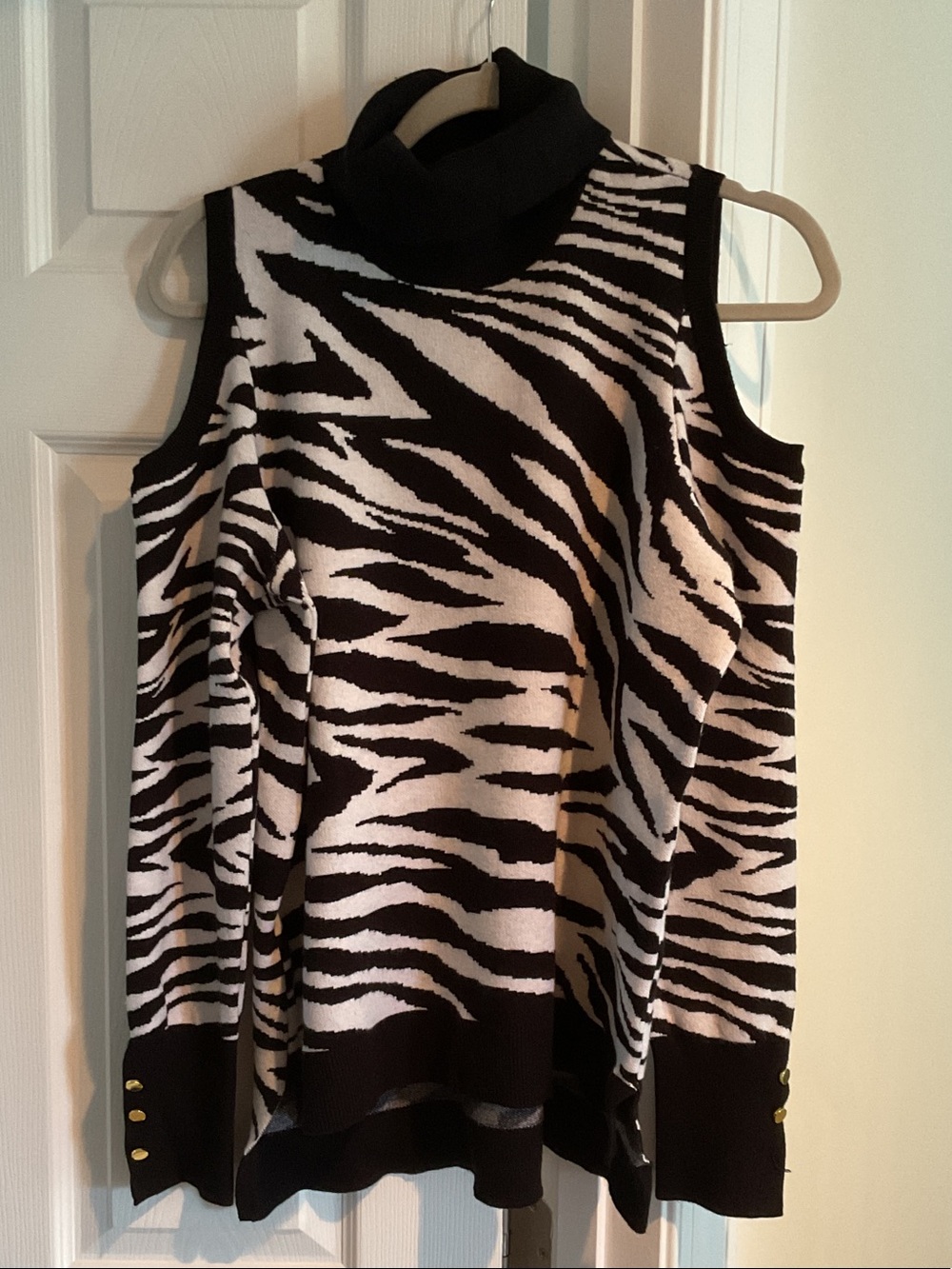 IMAN Black & White Zebra-Print Cold-Shoulder Turtleneck Sweater
